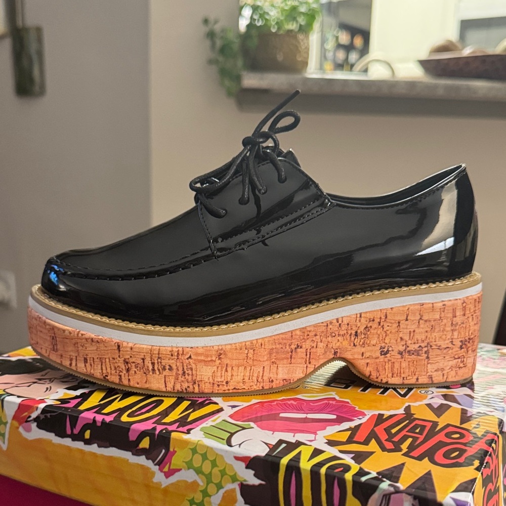 CAPE ROBBIN 🔥 Black Womens Lace Up Wooden Platform Loafers Natashaya 🔥BNIB